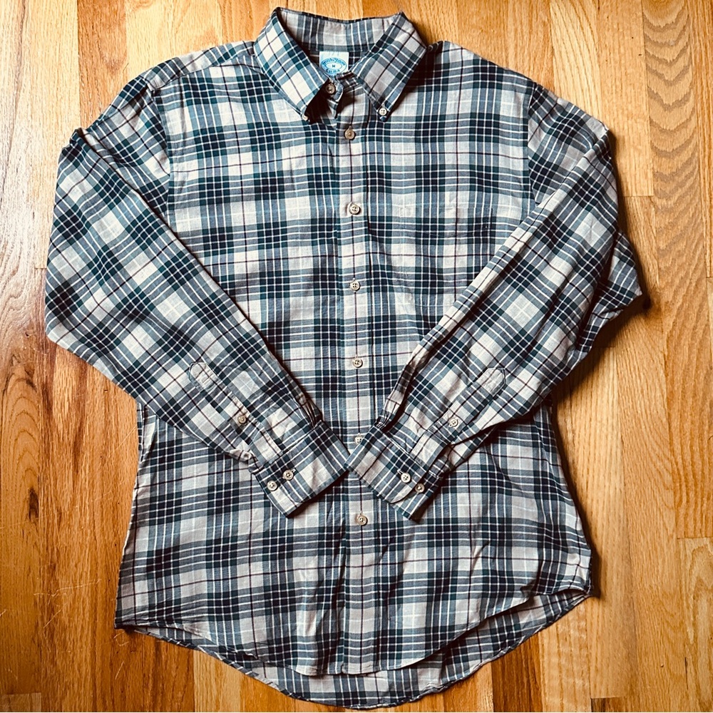 Brooks Brothers Men’s Medium Blue Tan Plaid Regent Long Sleeve Button Down Shirt